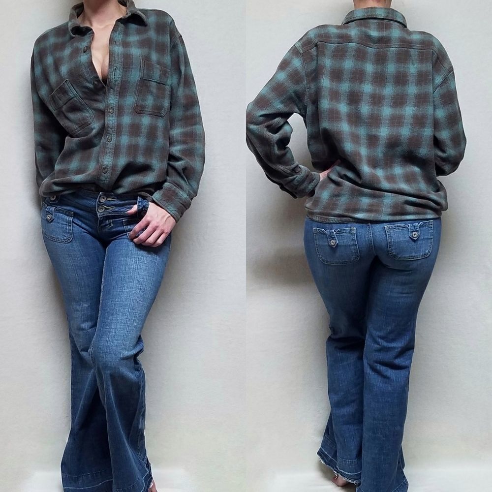 RETRO Y2K Dickies Teal Gray Plaid Flannel Button Up Cotton Shacket Work Shirt